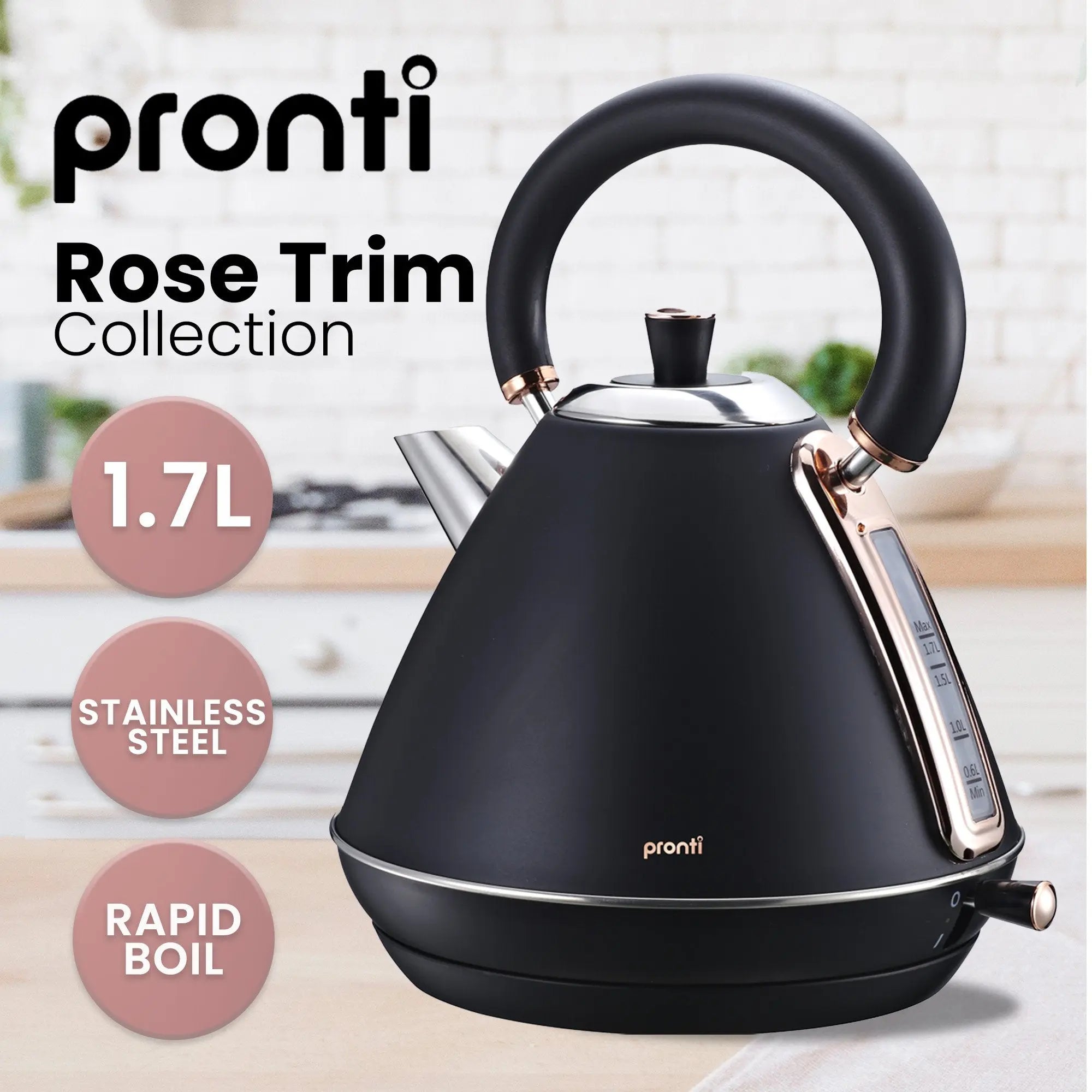 Pronti Breakfast Set with Rose Gold Kettle & Toaster with 1.2L Espresso Machine - Black Wholesale Hub