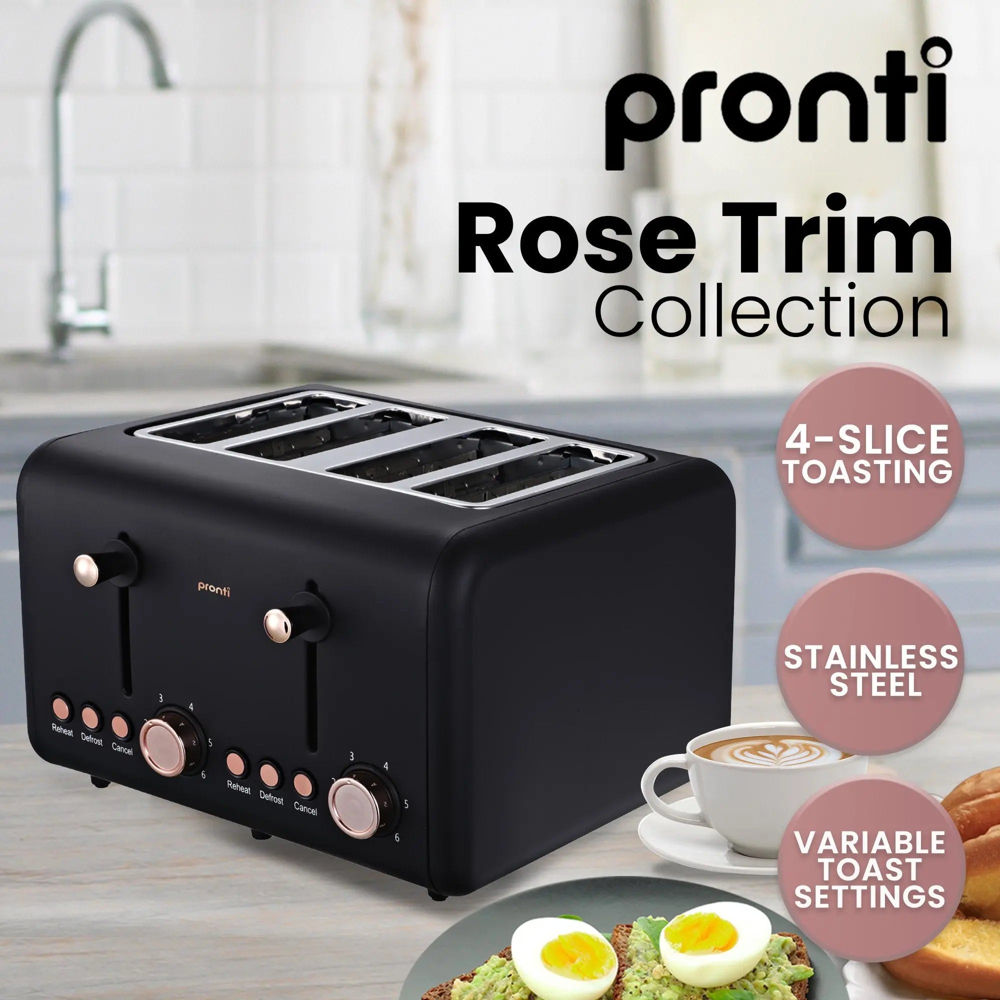 Pronti Breakfast Set with Rose Gold Kettle & Toaster with 1.2L Espresso Machine - Black Wholesale Hub