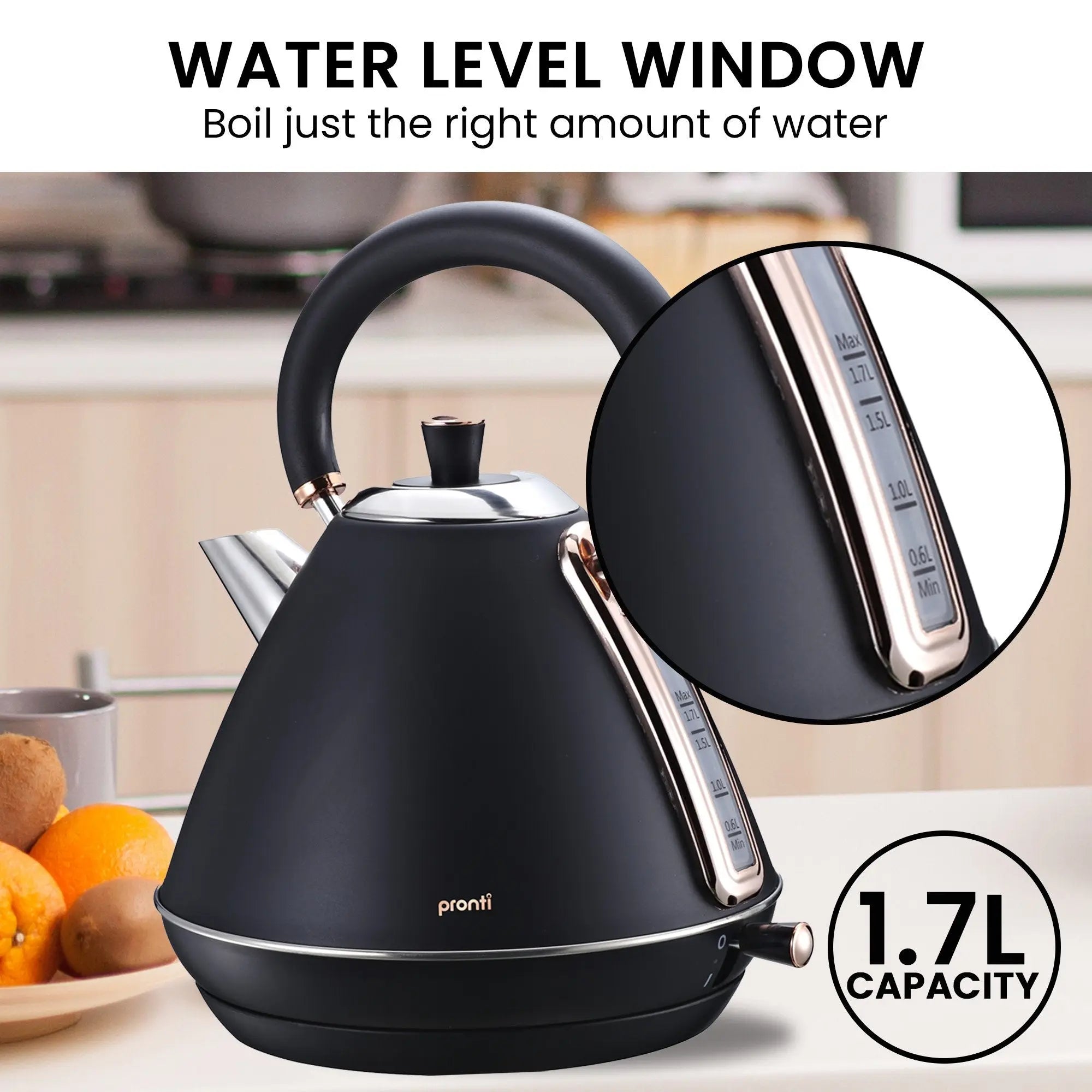 Pronti Breakfast Set with Rose Gold Kettle & Toaster with 1.2L Espresso Machine - Black Wholesale Hub
