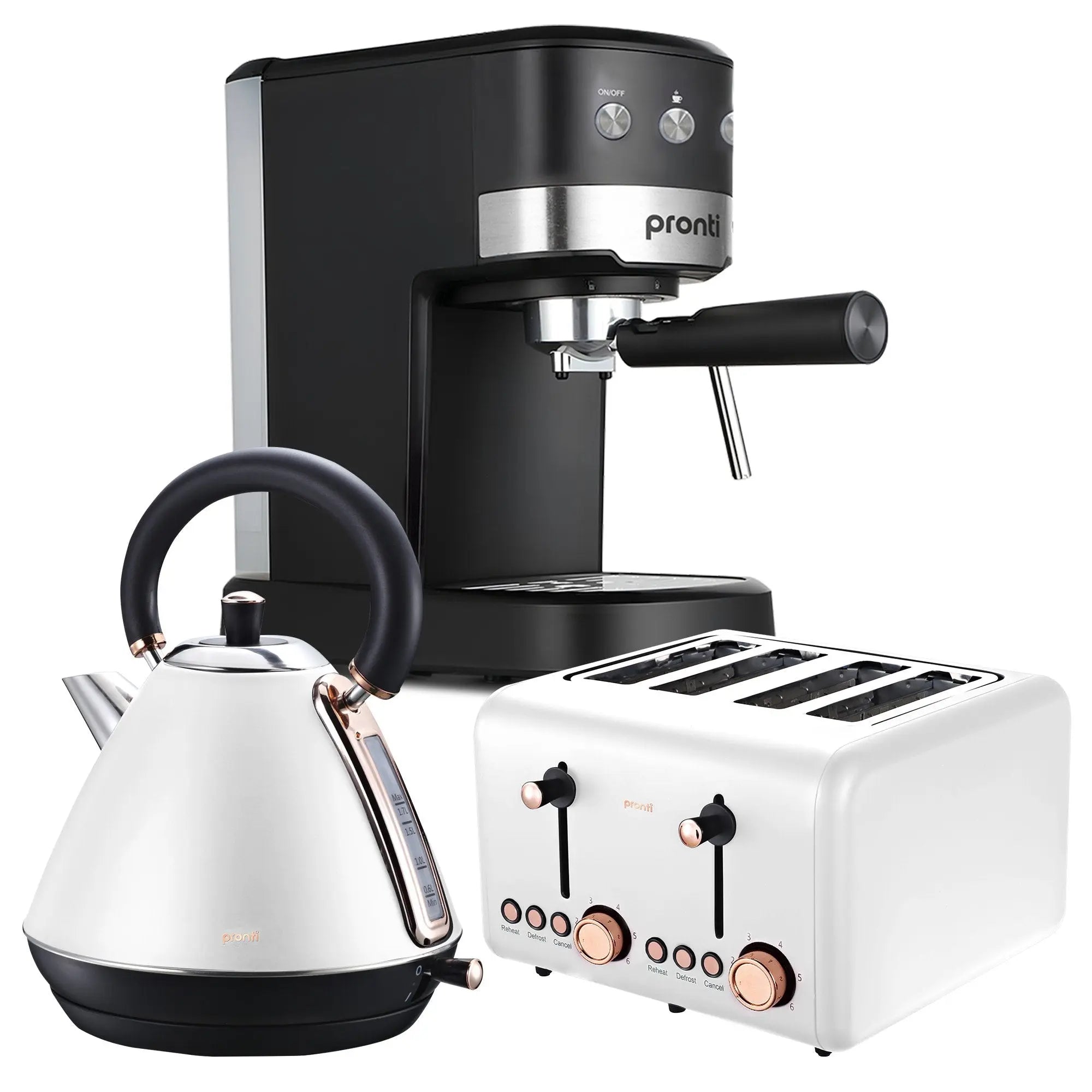 Pronti Breakfast Set with Rose Gold Kettle & Toaster with 1.2L Espresso Machine - White Wholesale Hub