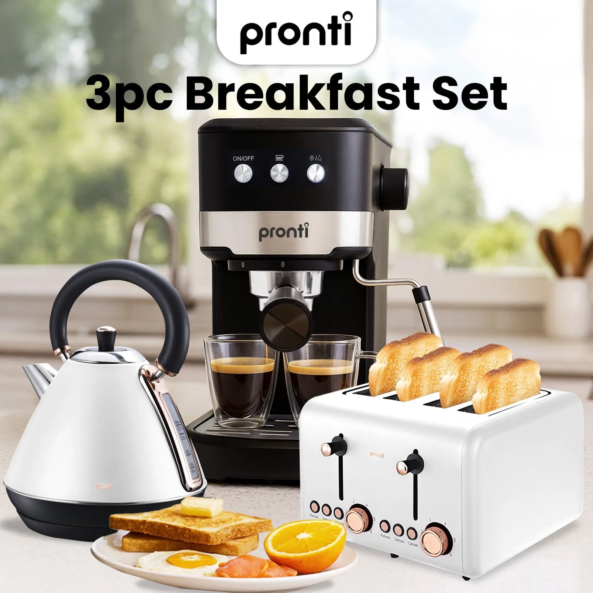 Pronti Breakfast Set with Rose Gold Kettle & Toaster with 1.2L Espresso Machine - White Wholesale Hub