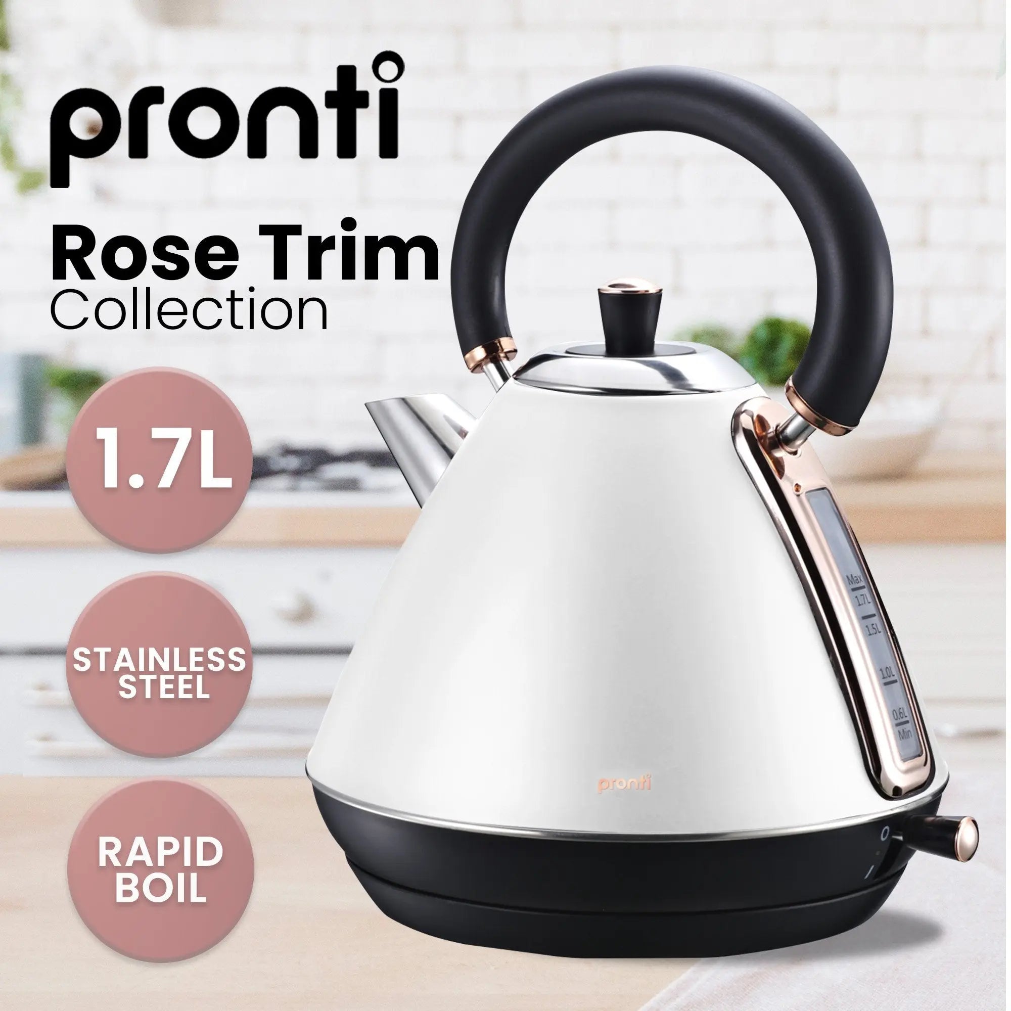 Pronti Breakfast Set with Rose Gold Kettle & Toaster with 1.2L Espresso Machine - White Wholesale Hub
