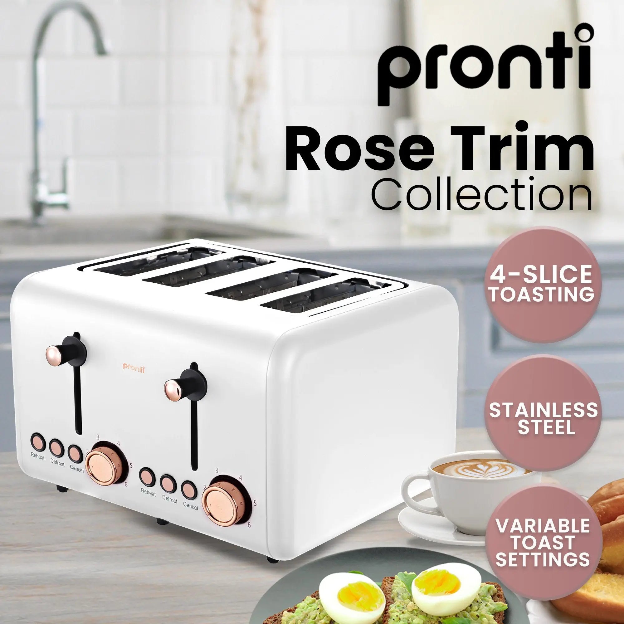 Pronti Breakfast Set with Rose Gold Kettle & Toaster with 1.2L Espresso Machine - White Wholesale Hub