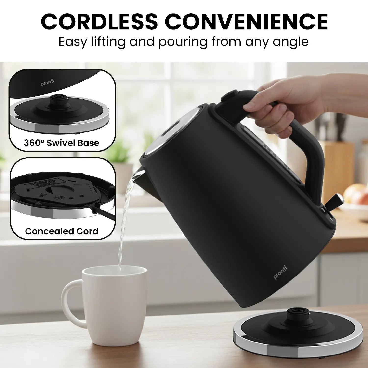 Pronti Silver Noir Collection 1.7L Electric Kettle Wholesale Hub