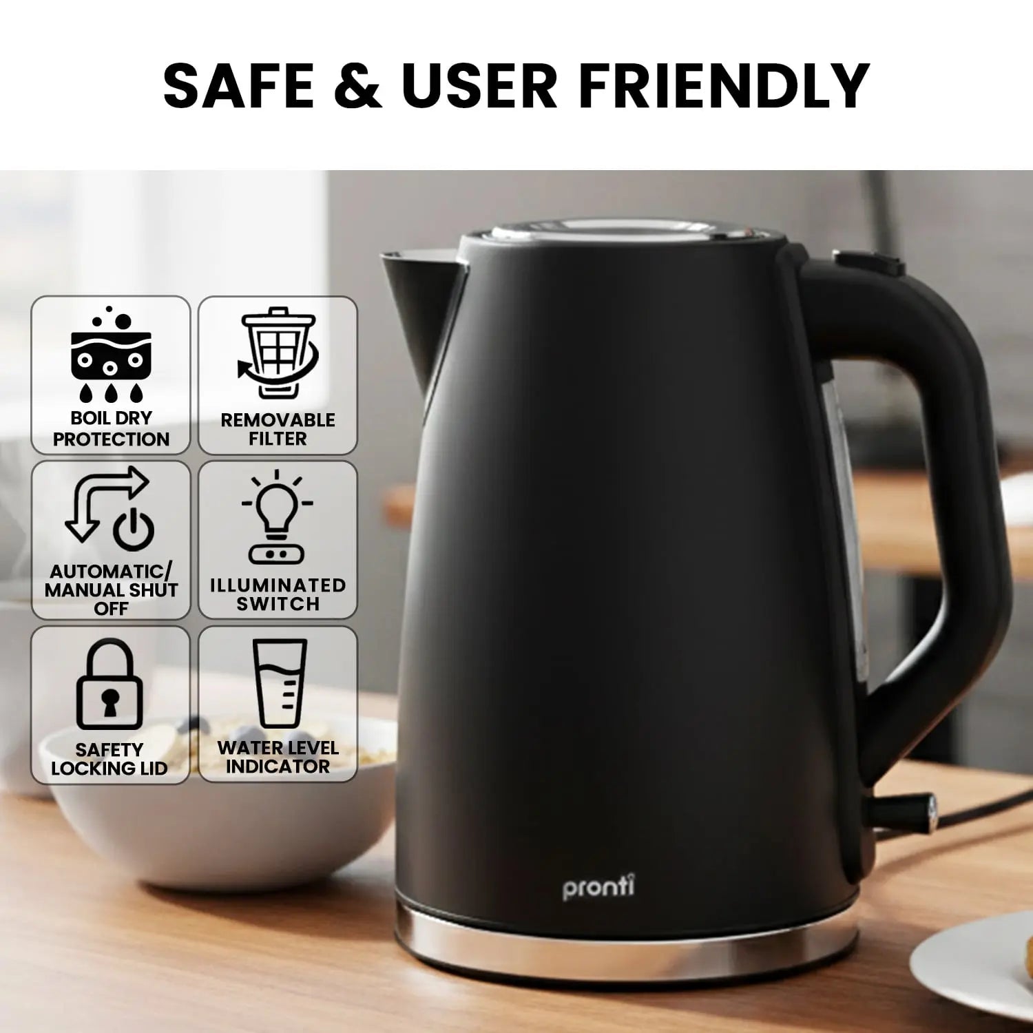 Pronti Silver Noir Collection 1.7L Electric Kettle Wholesale Hub