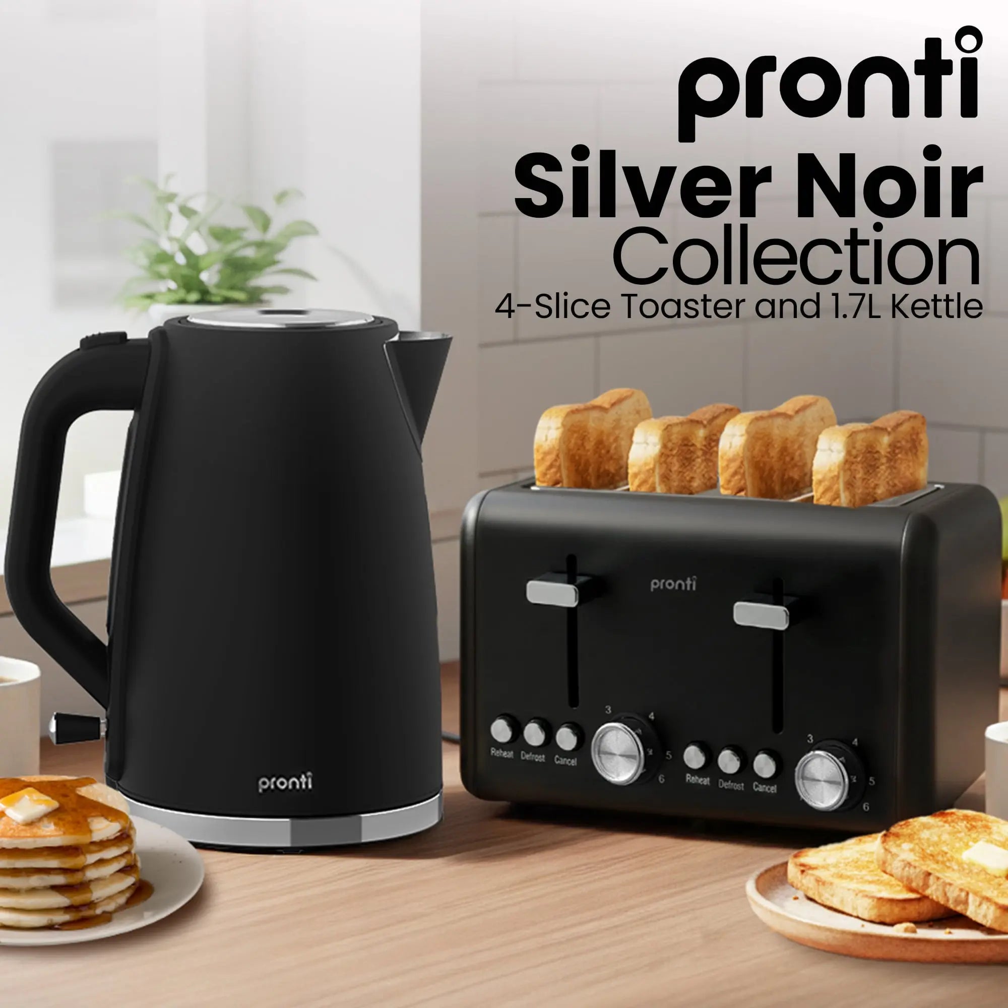 Pronti Silver Noir Collection 4 Slice Toaster and Kettle Bundle Wholesale Hub