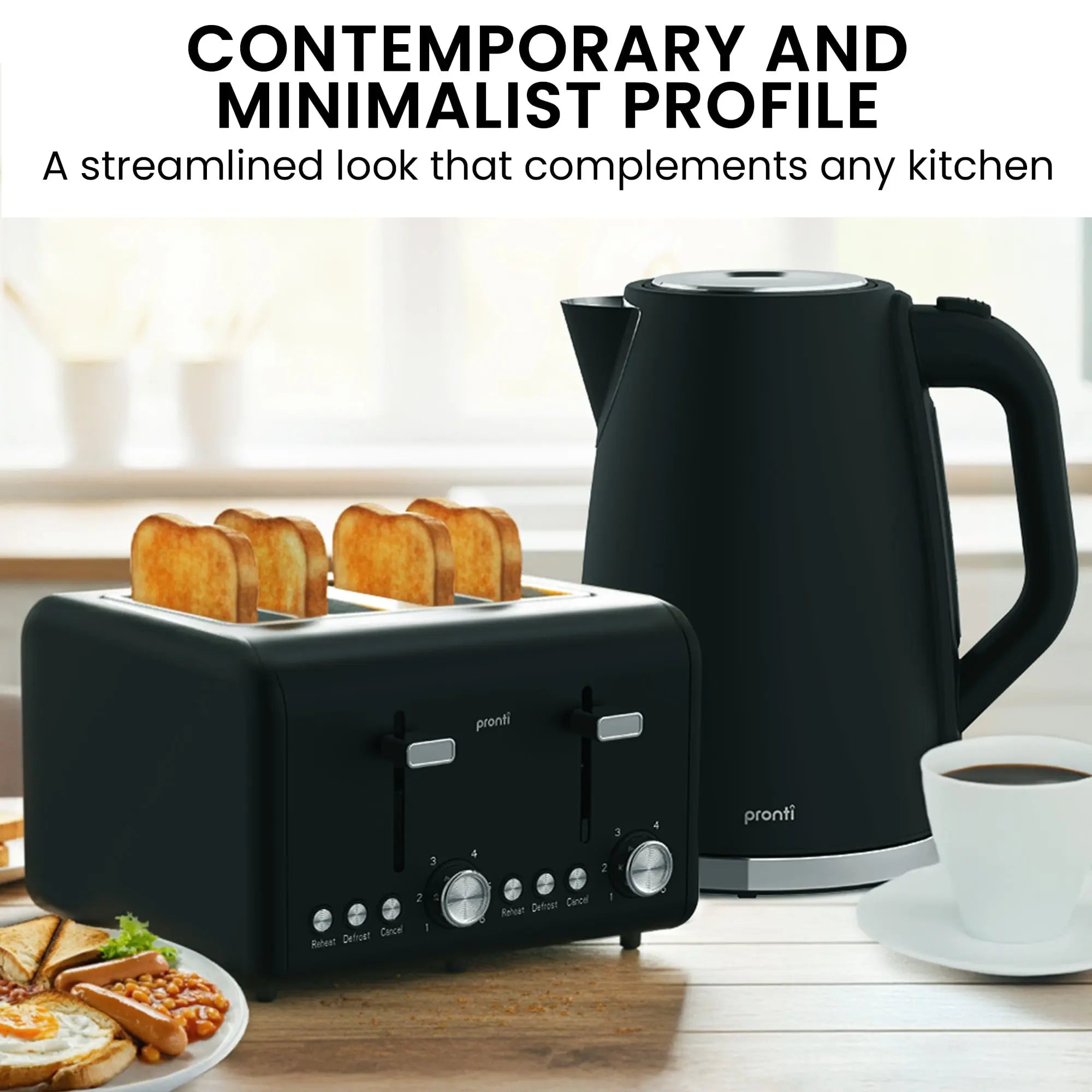 Pronti Silver Noir Collection 4 Slice Toaster and Kettle Bundle Wholesale Hub