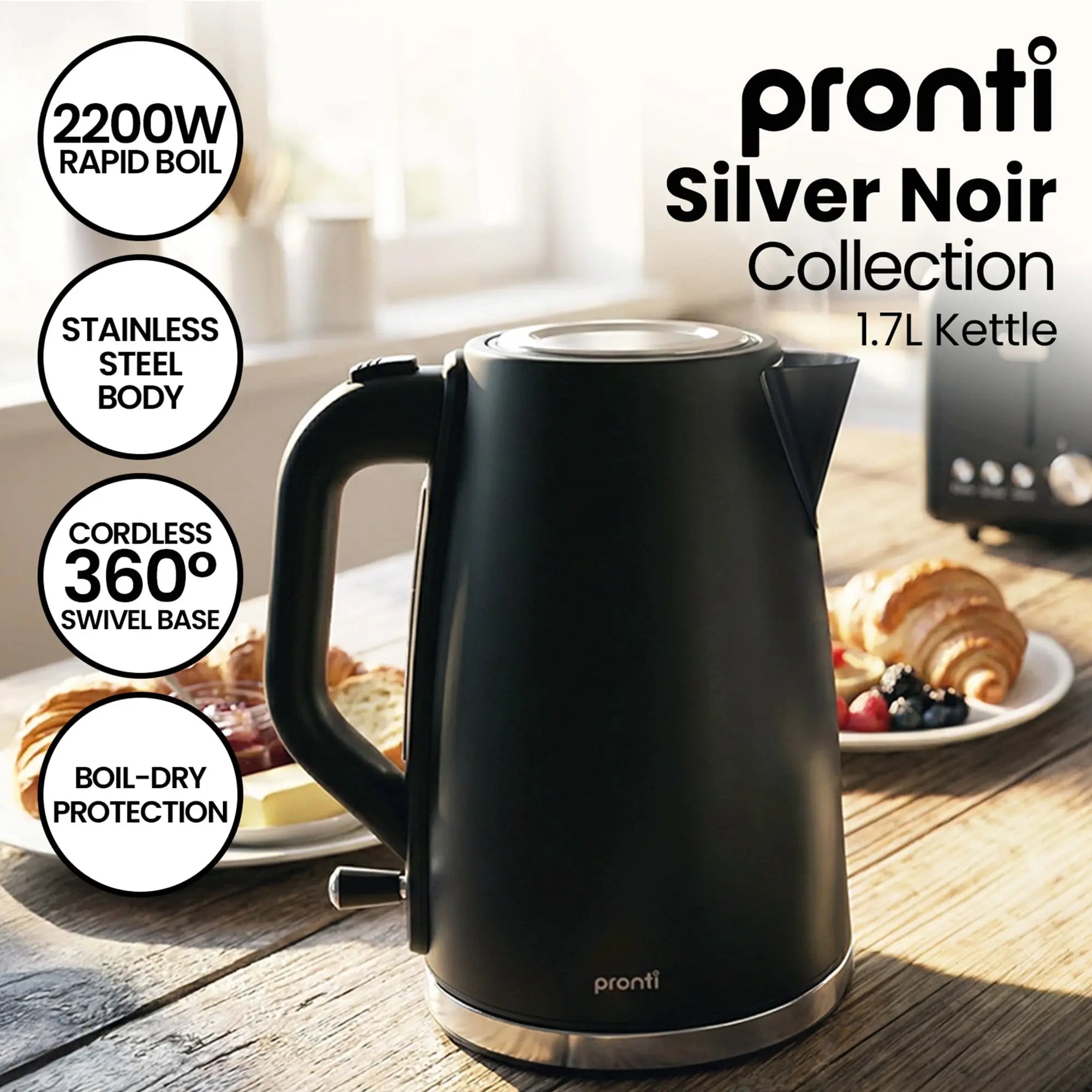 Pronti Silver Noir Collection 4 Slice Toaster and Kettle Bundle Wholesale Hub