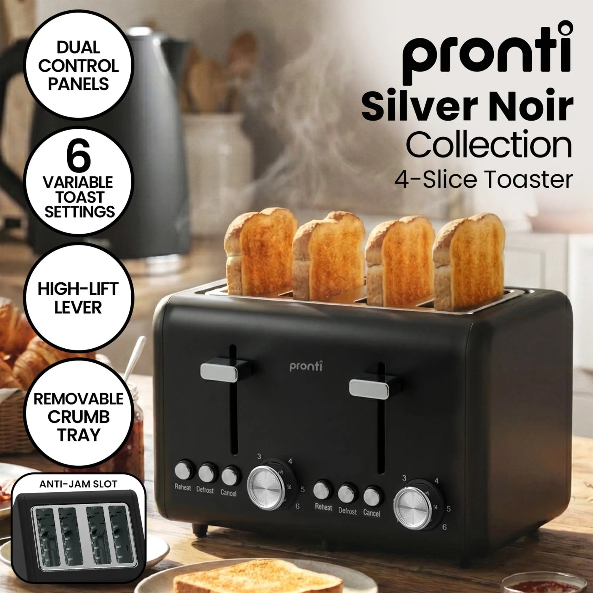 Pronti Silver Noir Collection 4 Slice Toaster and Kettle Bundle Wholesale Hub