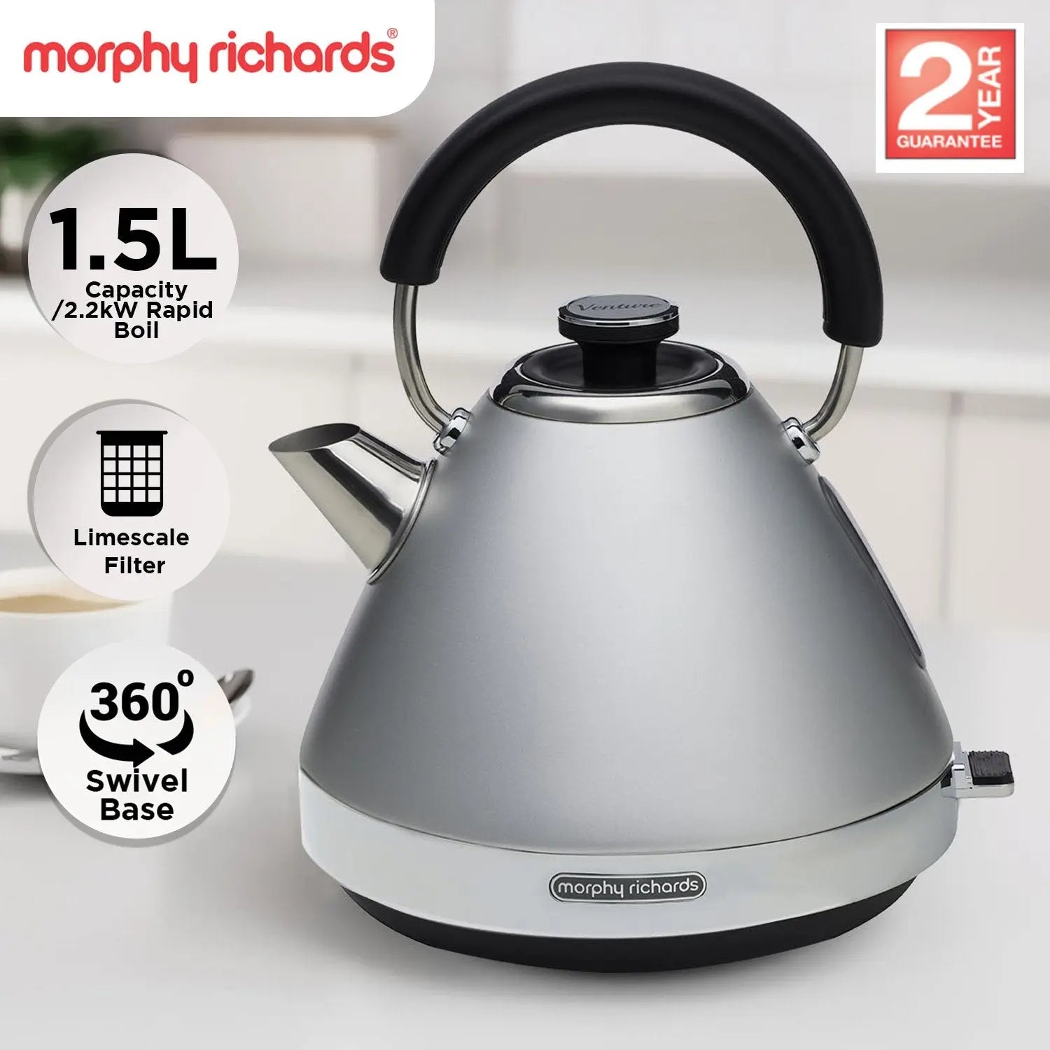 Morphy Richards 1.5L Venture Collection Pyramid Kettle in Steel Grey Wholesale Hub
