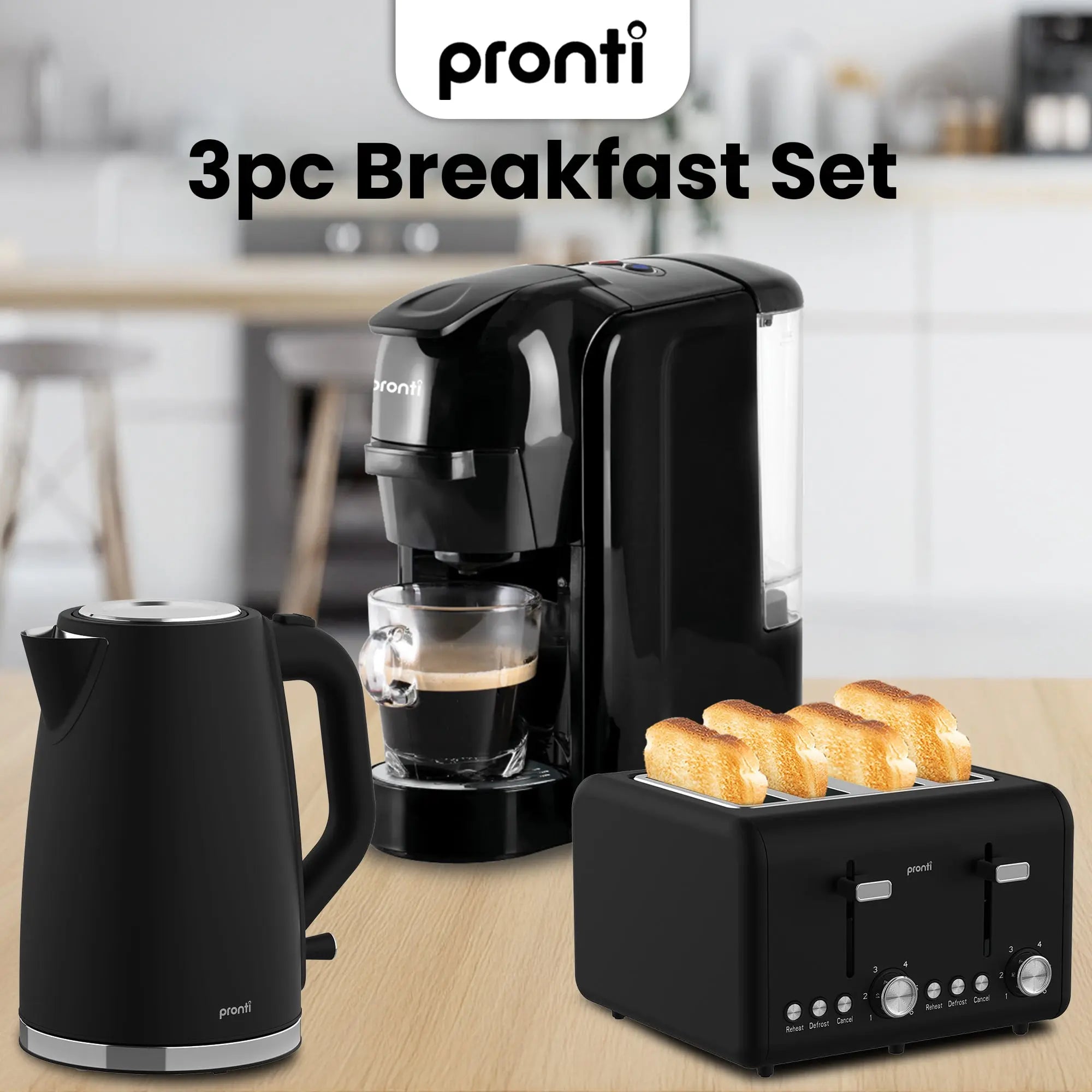 Pronti Breakfast Set with HomeMaid Coffee Machine, Silver Noir Toaster & Kettle Wholesale Hub