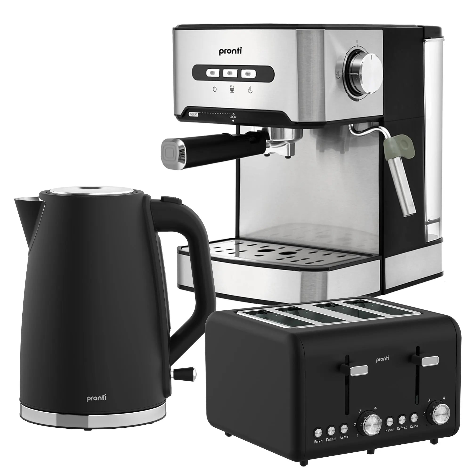 Pronti Breakfast Set with 1.6L Coffee Machine, Silver Noir Toaster & Kettle Wholesale Hub