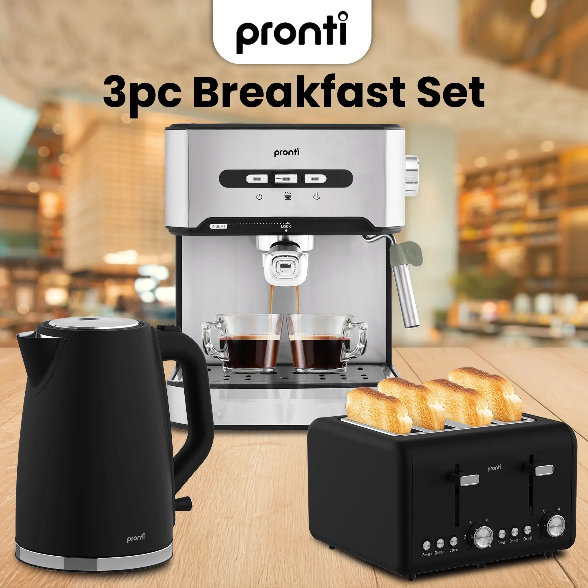 Pronti Breakfast Set with 1.6L Coffee Machine, Silver Noir Toaster & Kettle Wholesale Hub
