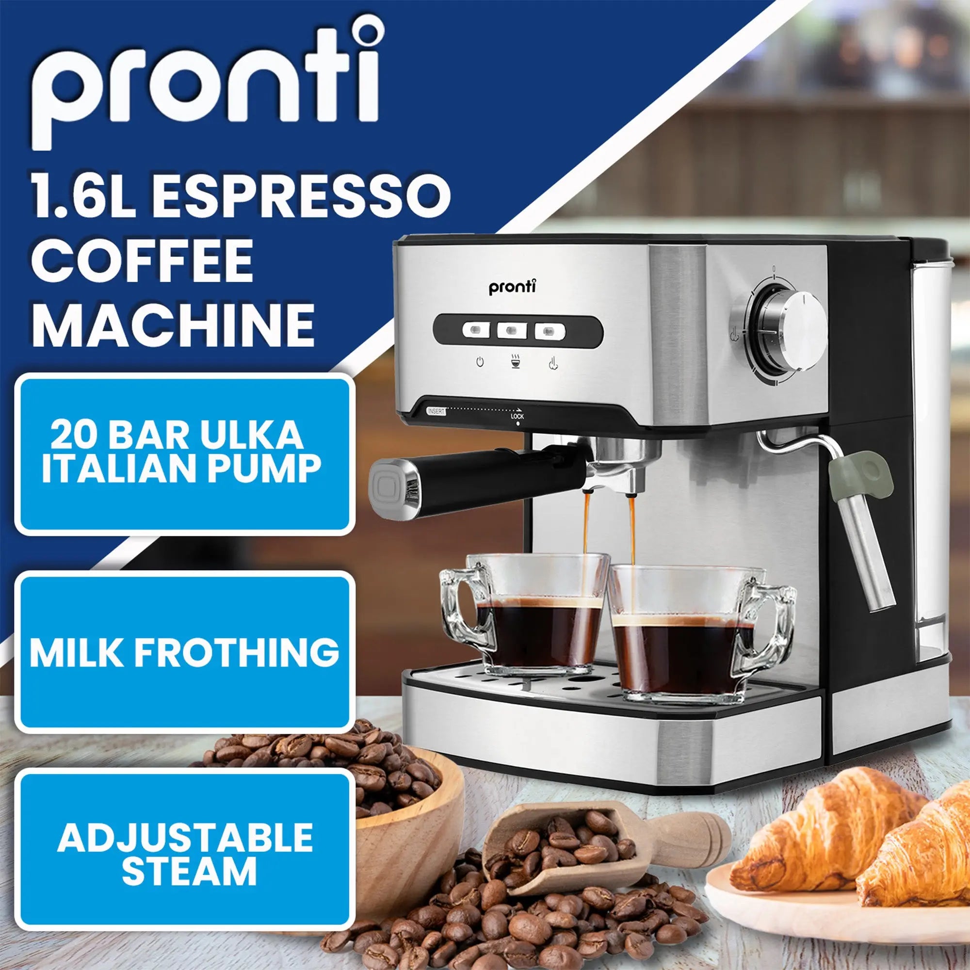 Pronti Breakfast Set with 1.6L Coffee Machine, Silver Noir Toaster & Kettle Wholesale Hub
