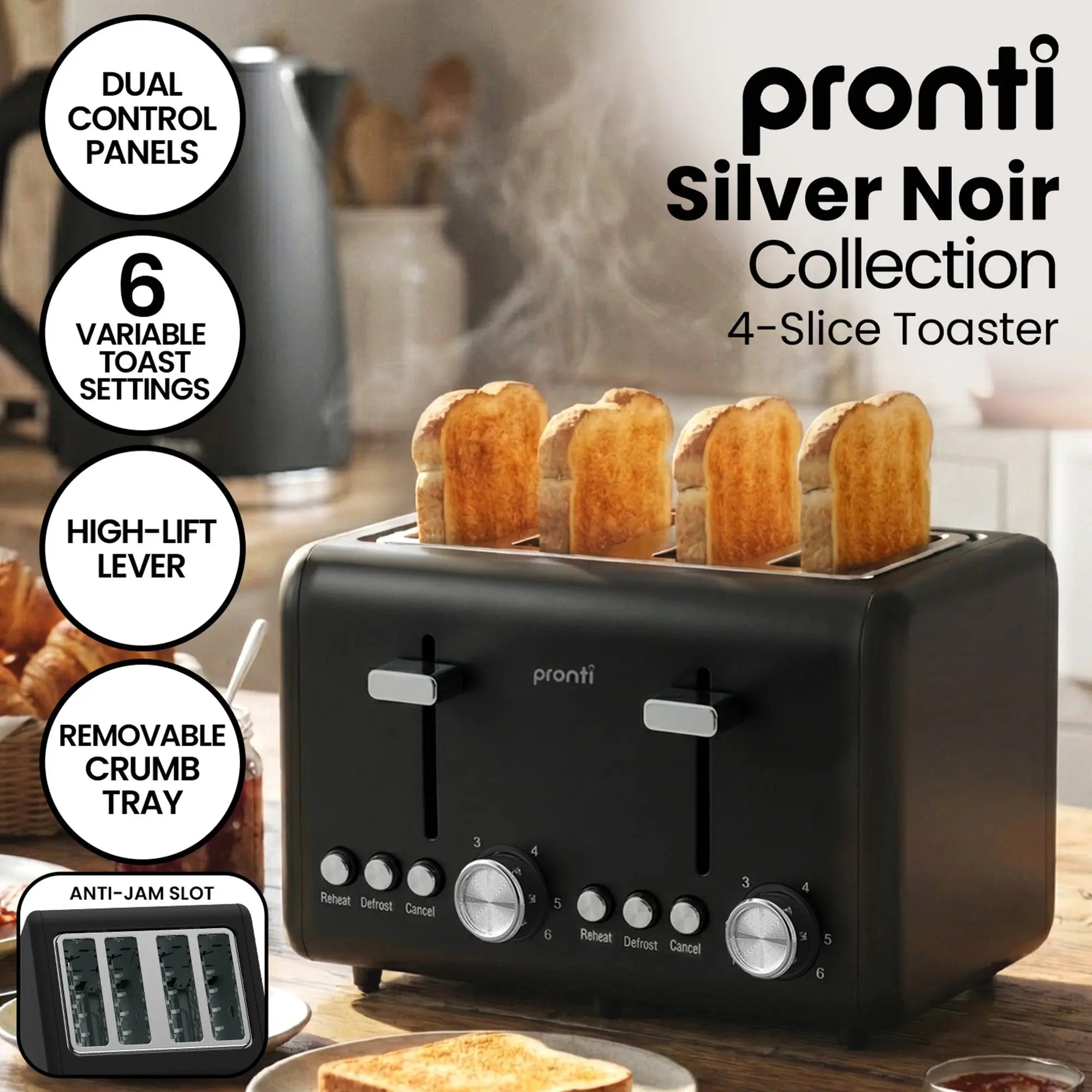 Pronti Breakfast Set with 1.6L Coffee Machine, Silver Noir Toaster & Kettle Wholesale Hub