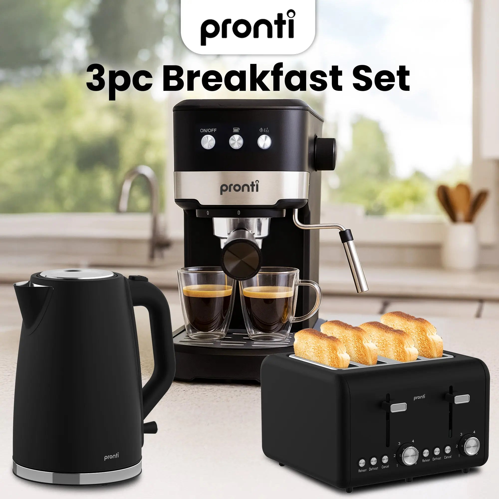 Pronti Breakfast Set with 1.25L Coffee Machine, Silver Noir Toaster & Kettle Wholesale Hub