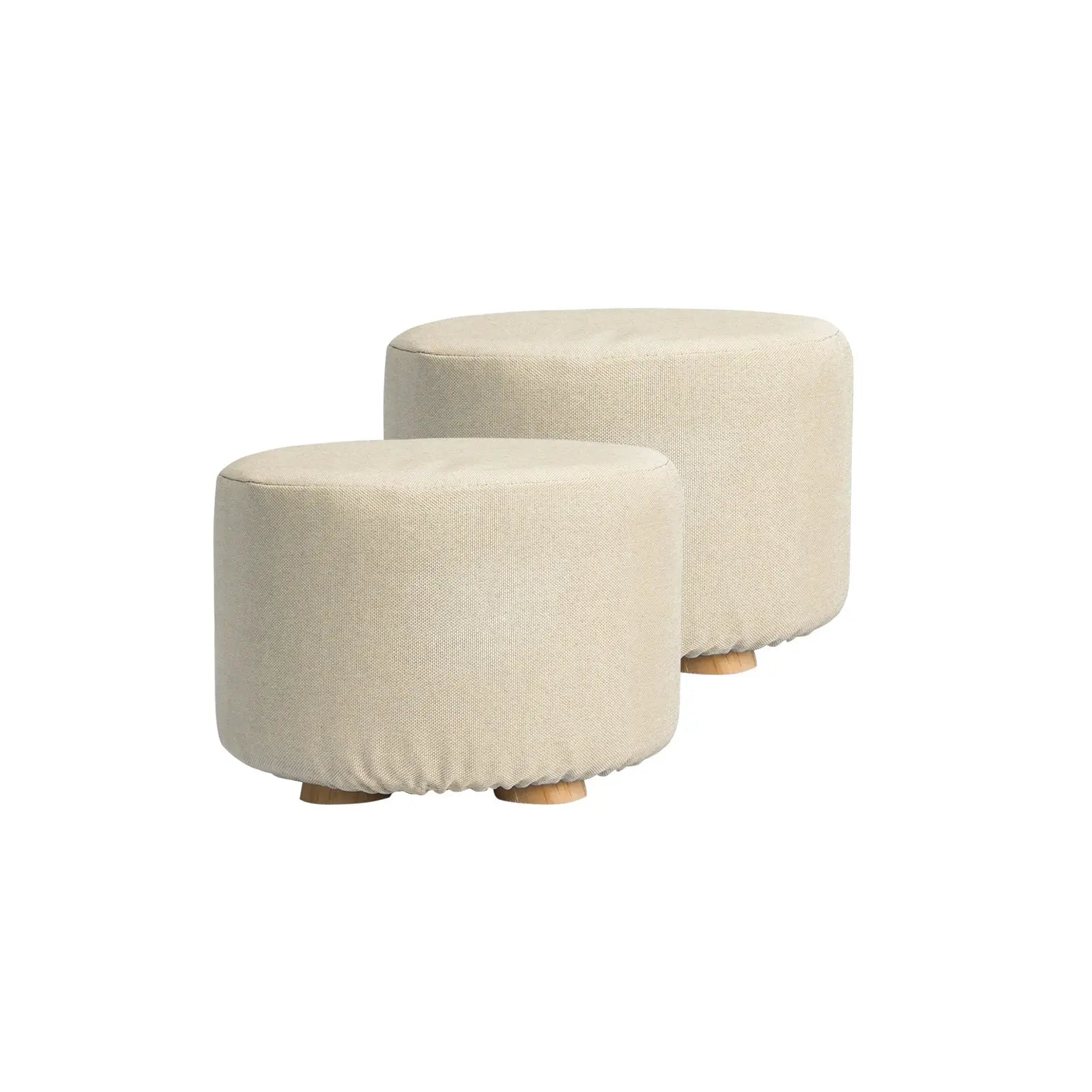 2X Fabric Ottoman Round Wooden Leg Foot Stool - BEIGE Wholesale Hub