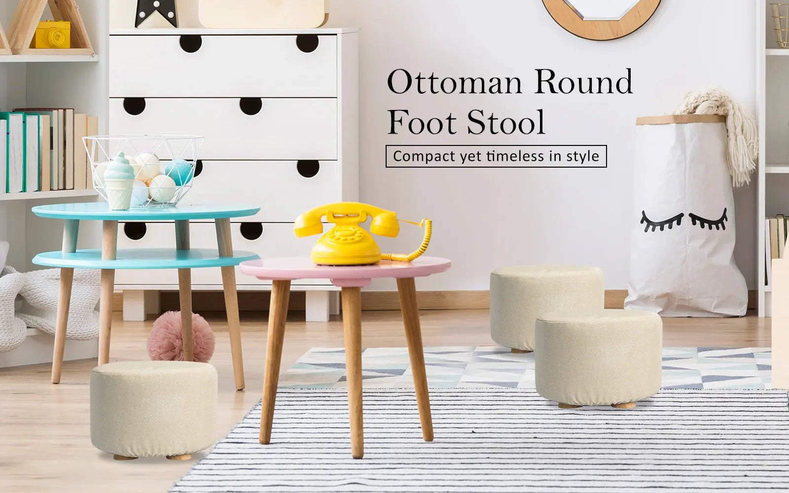 2X Fabric Ottoman Round Wooden Leg Foot Stool - BEIGE Wholesale Hub