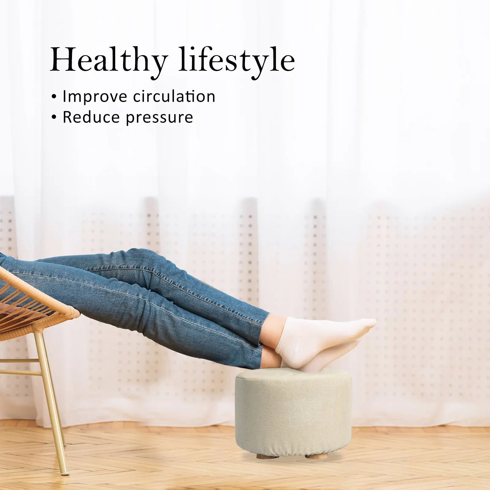 2X Fabric Ottoman Round Wooden Leg Foot Stool - BEIGE Wholesale Hub