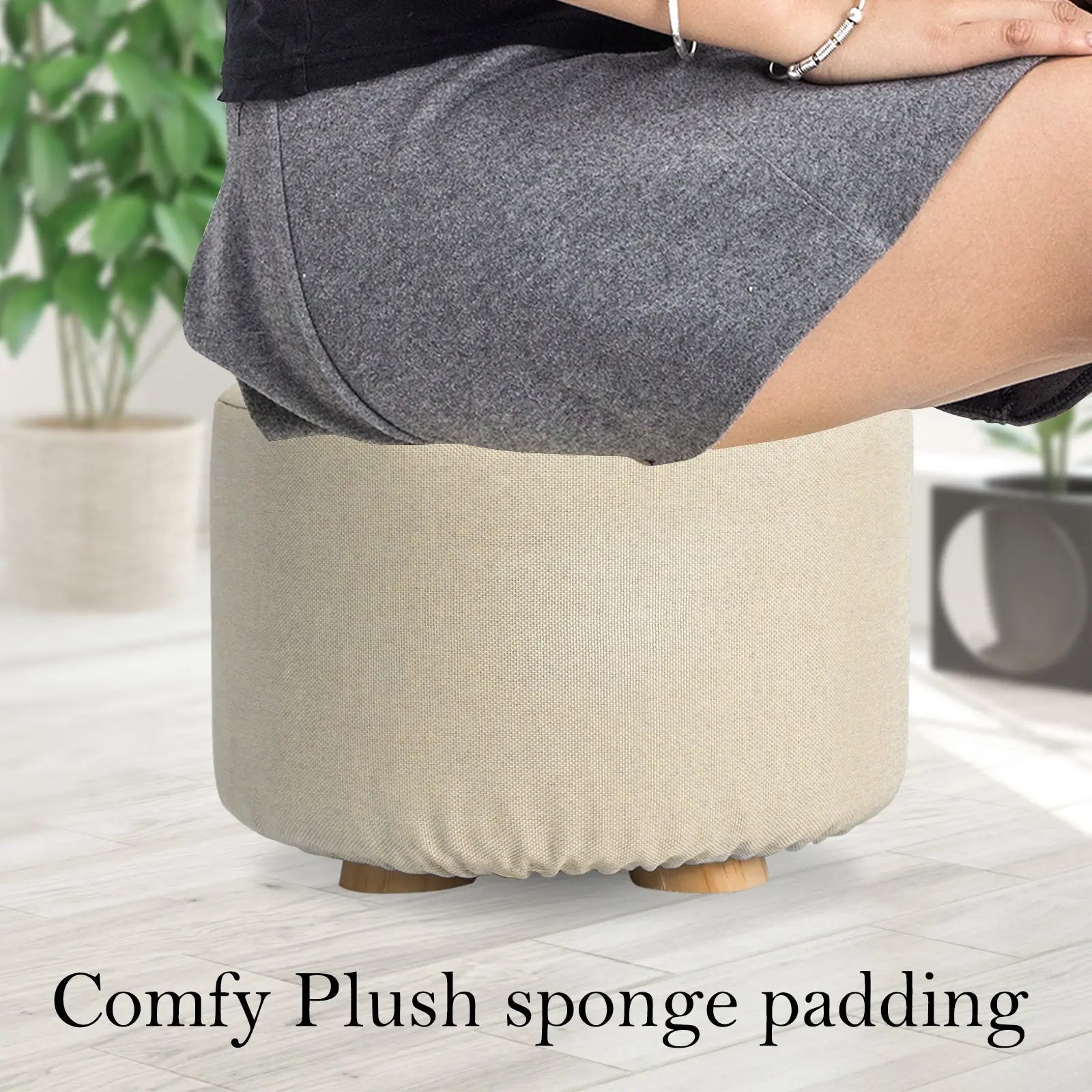2X Fabric Ottoman Round Wooden Leg Foot Stool - BEIGE Wholesale Hub