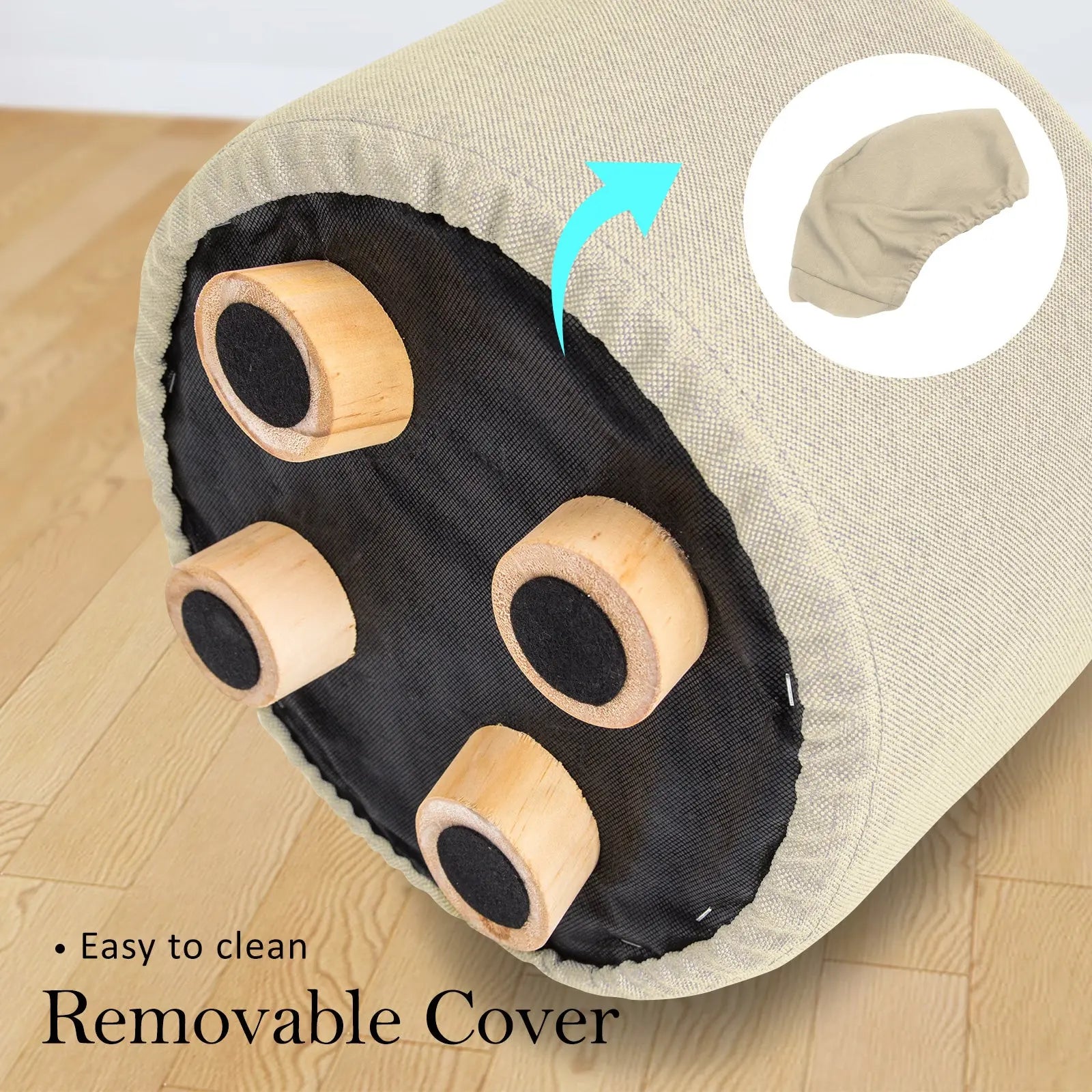 2X Fabric Ottoman Round Wooden Leg Foot Stool - BEIGE Wholesale Hub
