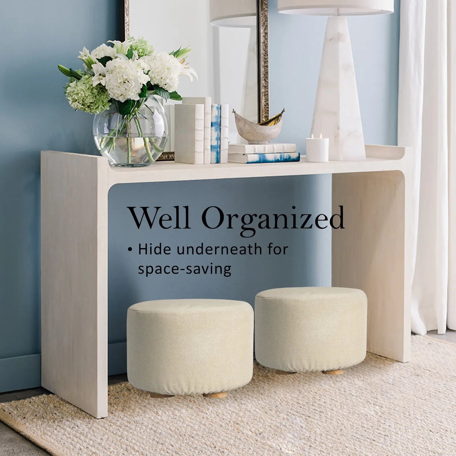 2X Fabric Ottoman Round Wooden Leg Foot Stool - BEIGE Wholesale Hub