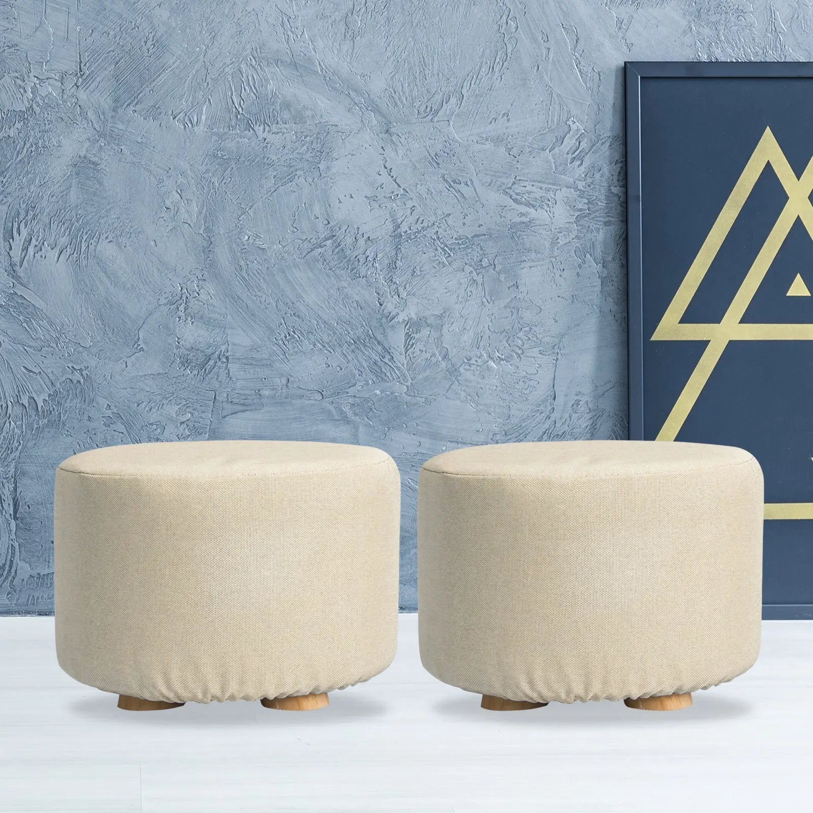 2X Fabric Ottoman Round Wooden Leg Foot Stool - BEIGE Wholesale Hub