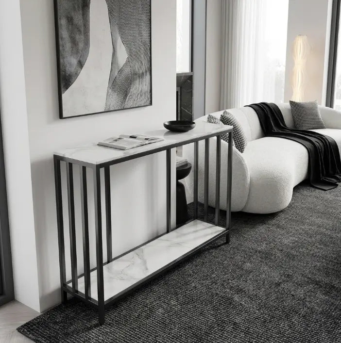 Interior Ave - Bronte Dual Layer Marble Stone Console - White Marble Stone Wholesale Hub
