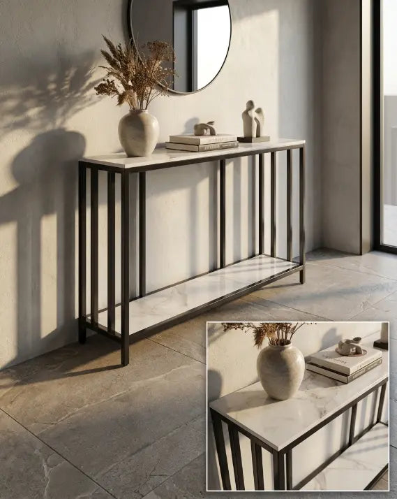 Interior Ave - Bronte Dual Layer Marble Stone Console - White Marble Stone Wholesale Hub
