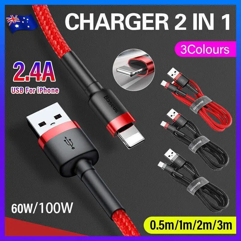Grey Black Genuine BASEUS 2.4A USB to Lighting Charging Cable Cord for iPhone 13 12 Pro XS - 3 m Wholesale Hub