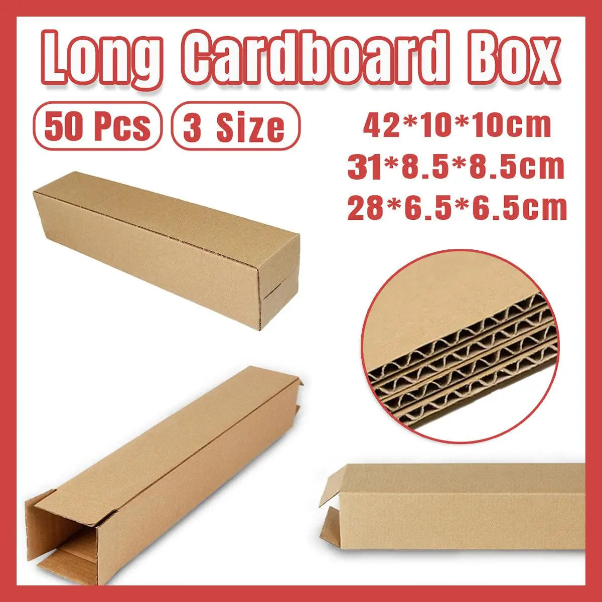 50pcs Long Strip Carton Flat Square Durable Shipping Boxes for Packaging Storage - 10cm x 10cm x 42cm Wholesale Hub