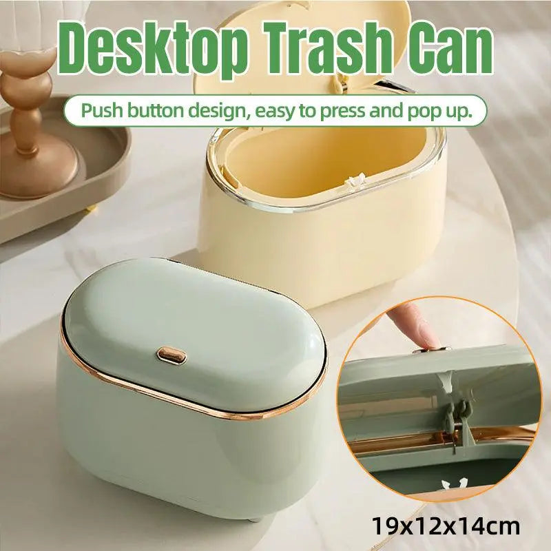 Small Desktop Trash Can Oval Pop Up Lid Rubbish Bin Waste Organizer Container - Beige Wholesale Hub