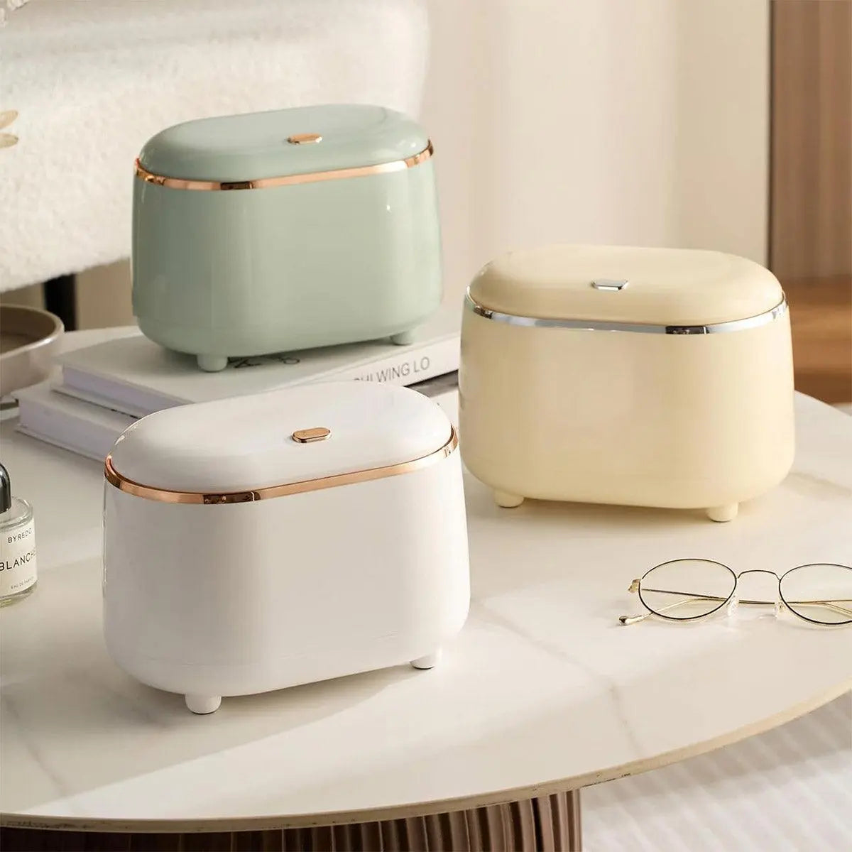 Small Desktop Trash Can Oval Pop Up Lid Rubbish Bin Waste Organizer Container - Beige Wholesale Hub