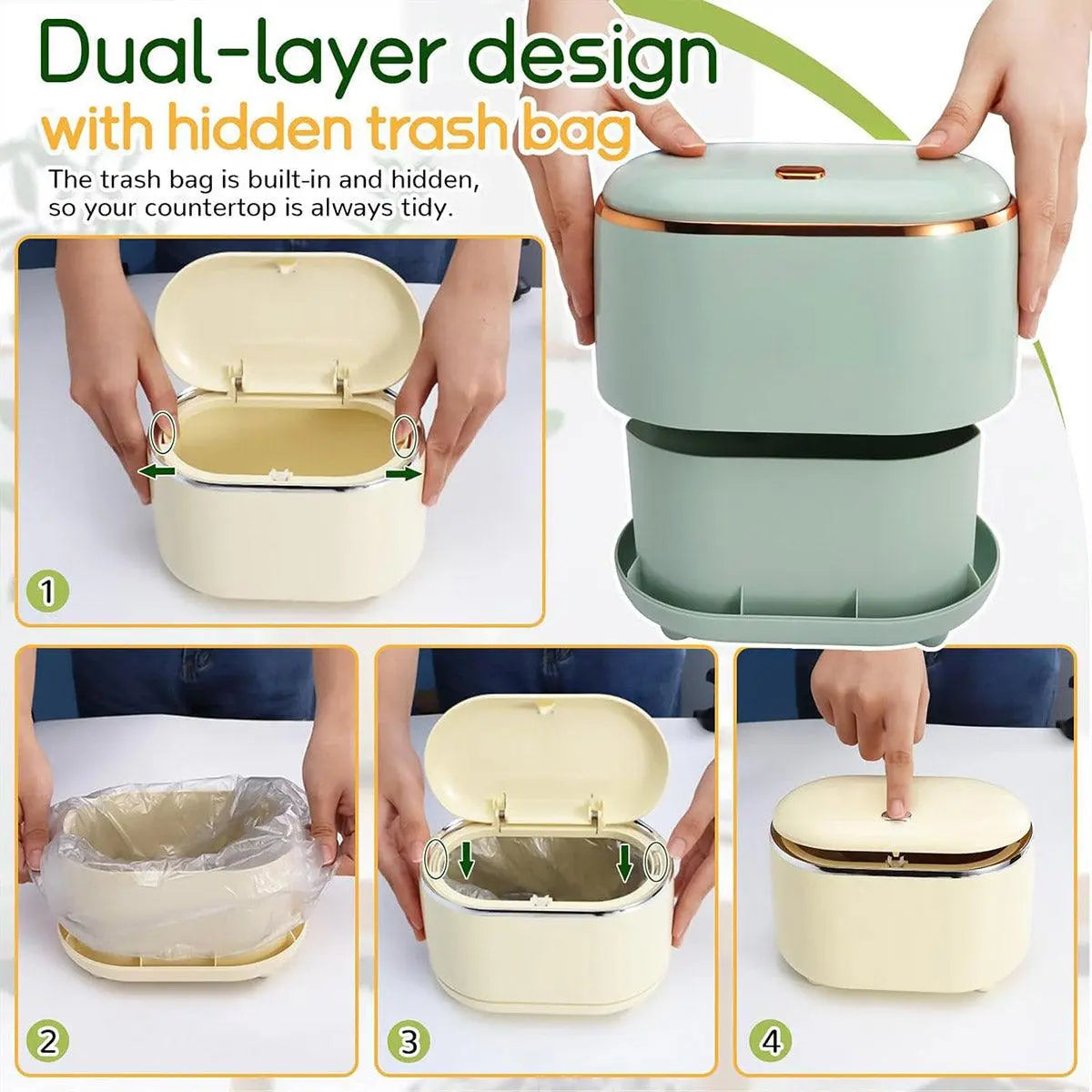 Small Desktop Trash Can Oval Pop Up Lid Rubbish Bin Waste Organizer Container - Beige Wholesale Hub