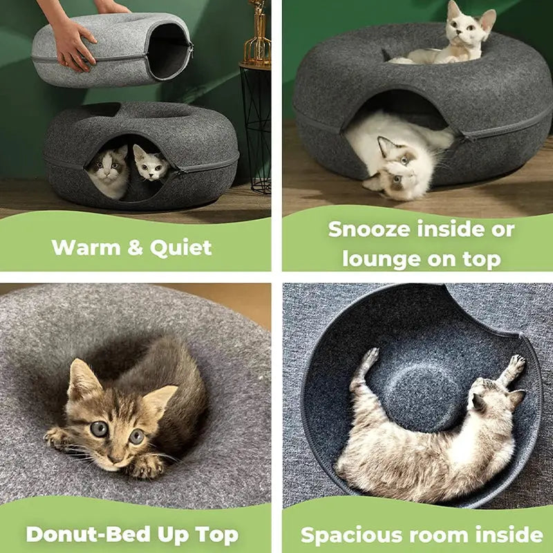 Felt Cat Tunnel Bed Donut Cave Nest for Kittens and Small Pets 50x30cm - Dark Grey Wholesale Hub