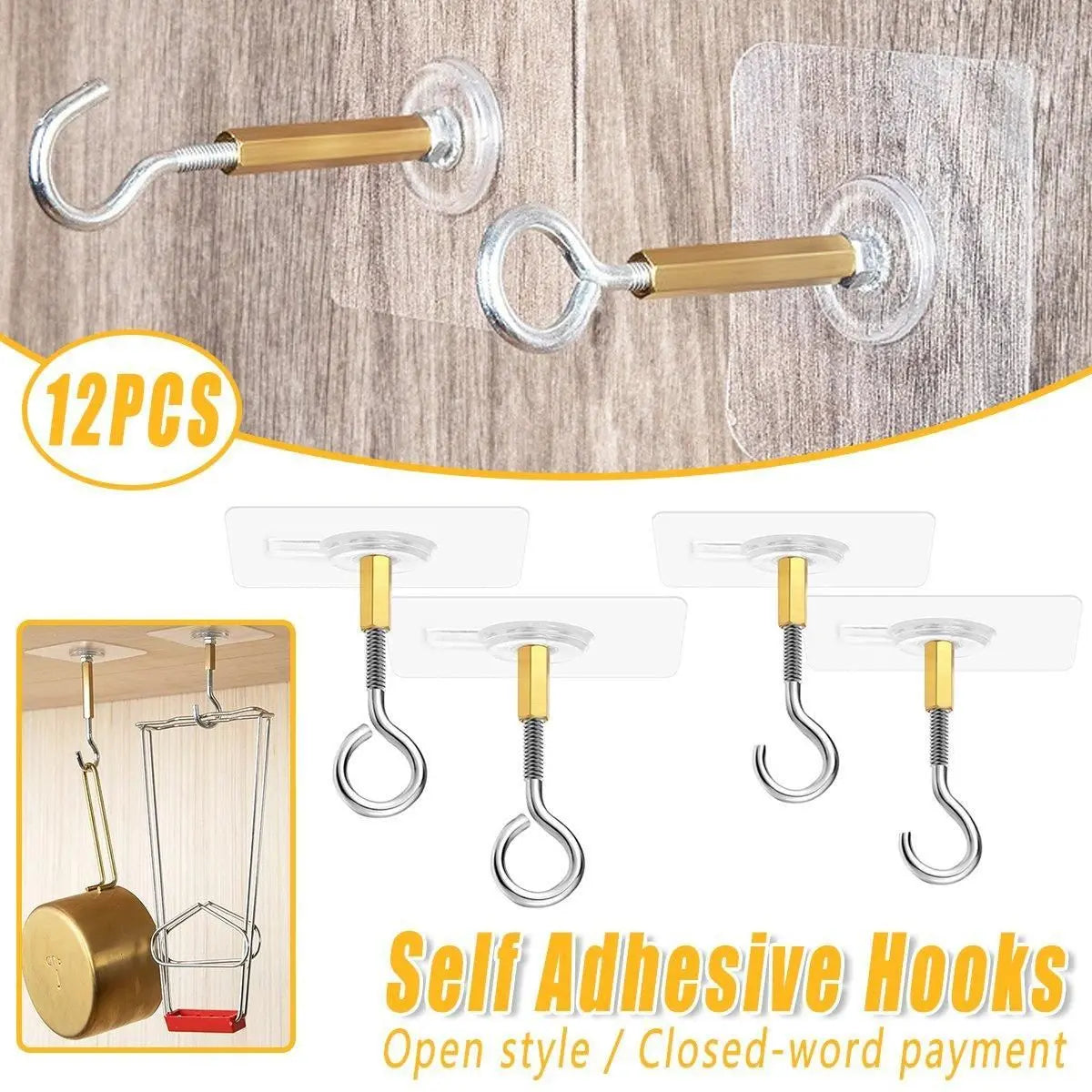 12 PCS Heavy Duty Self Adhesive Hooks Stainless Steel Ceiling Hooks for Home - Closed Wholesale Hub