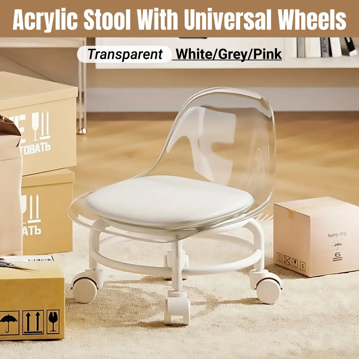 Stool with Universal Wheels Pulley Short Stool with Backrest Comfortable Seat - White Wholesale Hub