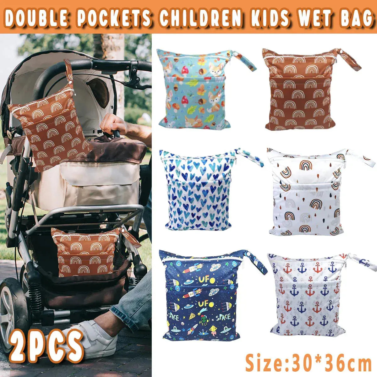 2PCS Cartoon Printed Diaper Bag Double Zipper Washable Storage Organizer - Fox Cone Wholesale Hub