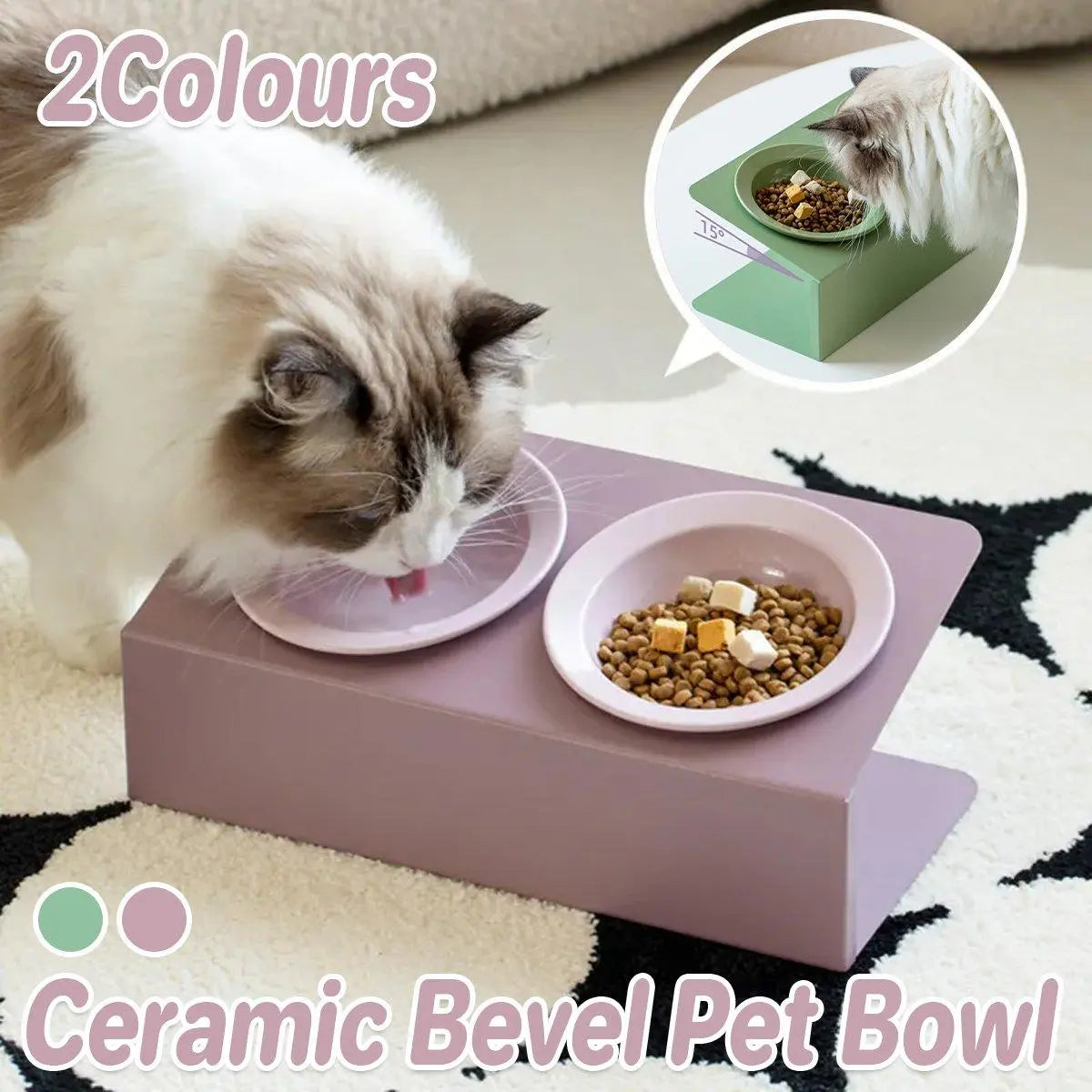 Ceramic Slanted Double Pet Bowl Cat Dog Food Water Bowl Non-Slip Feeding Dish - Green Wholesale Hub