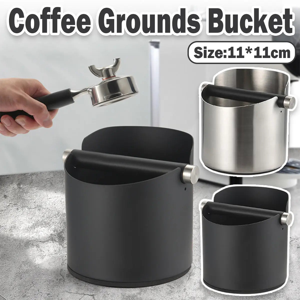 Stainless Steel Coffee Grounds Knock Box Round Tap Bucket for Household Espresso - Black Wholesale Hub