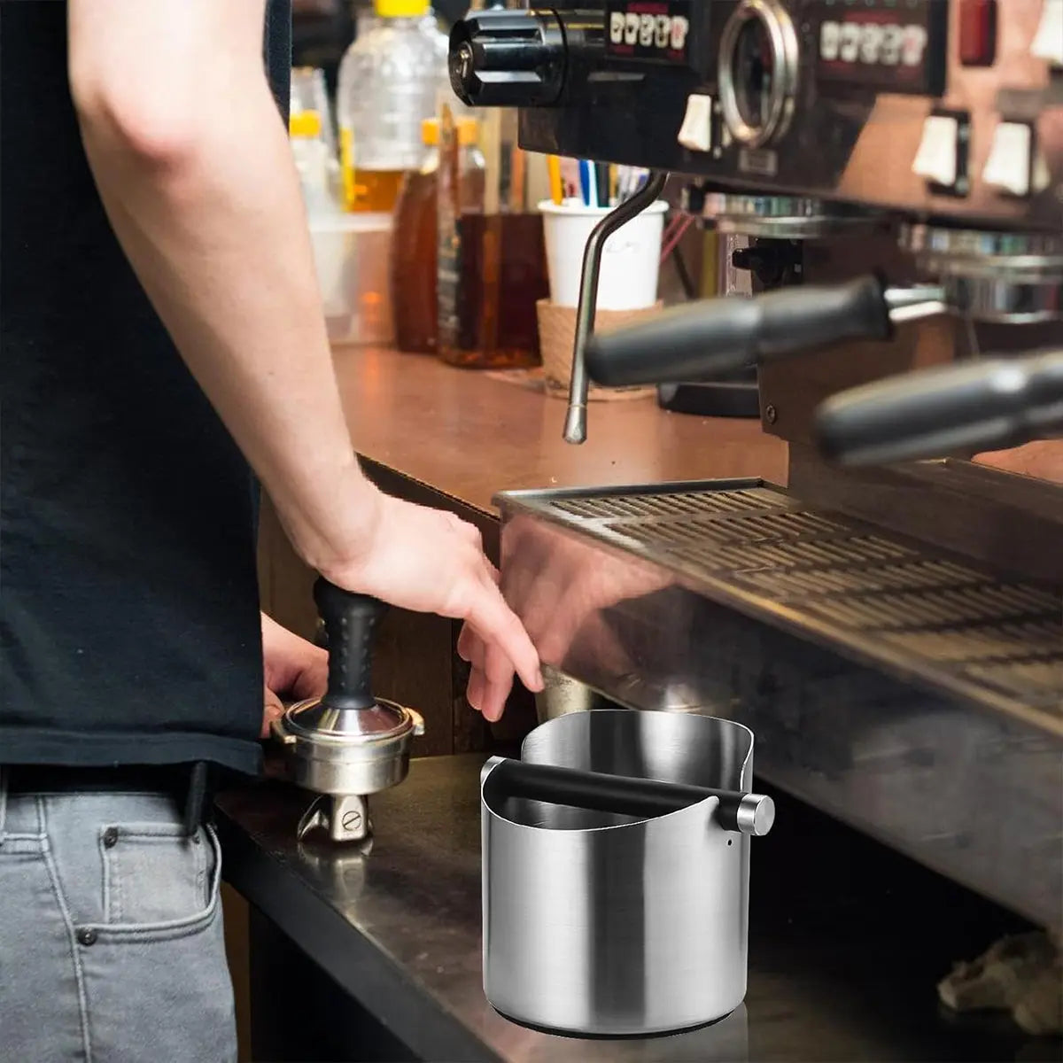 Stainless Steel Coffee Grounds Knock Box Round Tap Bucket for Household Espresso - Black Wholesale Hub