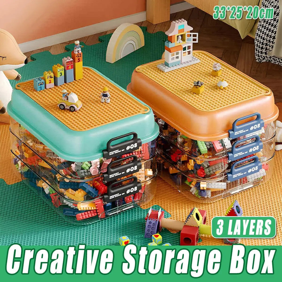 3-Layer Stackable Storage Box for Building Blocks Toy Organizer with Sorting Trays - Green Wholesale Hub