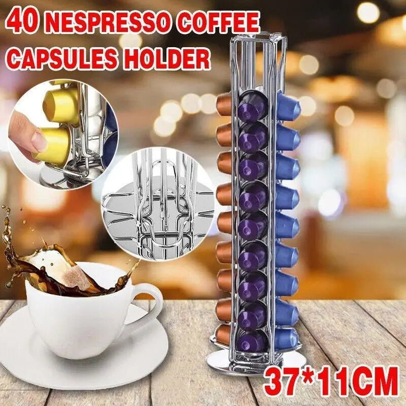 40 Capsules Rotating Coffee Pod Holder Rack for Nespresso Chrome Countertop Stand Wholesale Hub