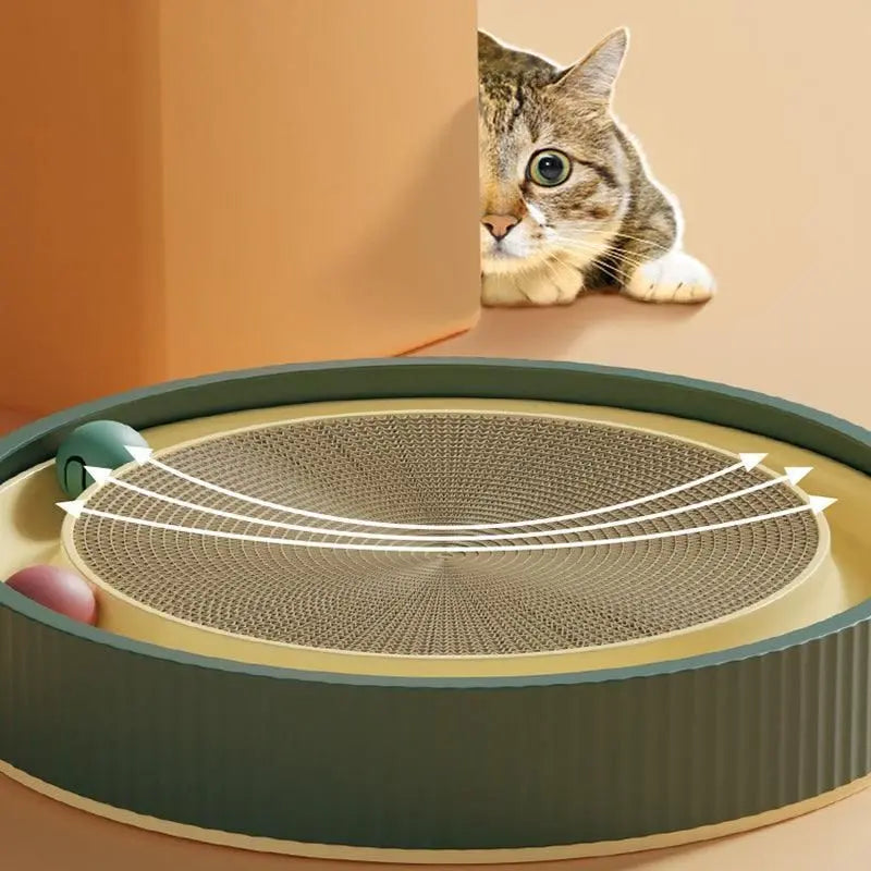 Cat Scratcher Lounge Bed Toy 40cm Round Foldable Cardboard Pad with Ball Track - Blue Wholesale Hub