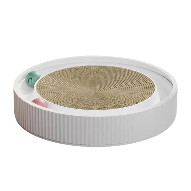 Cat Scratcher Lounge Bed Toy 40cm Round Foldable Cardboard Pad with Ball Track - White Wholesale Hub