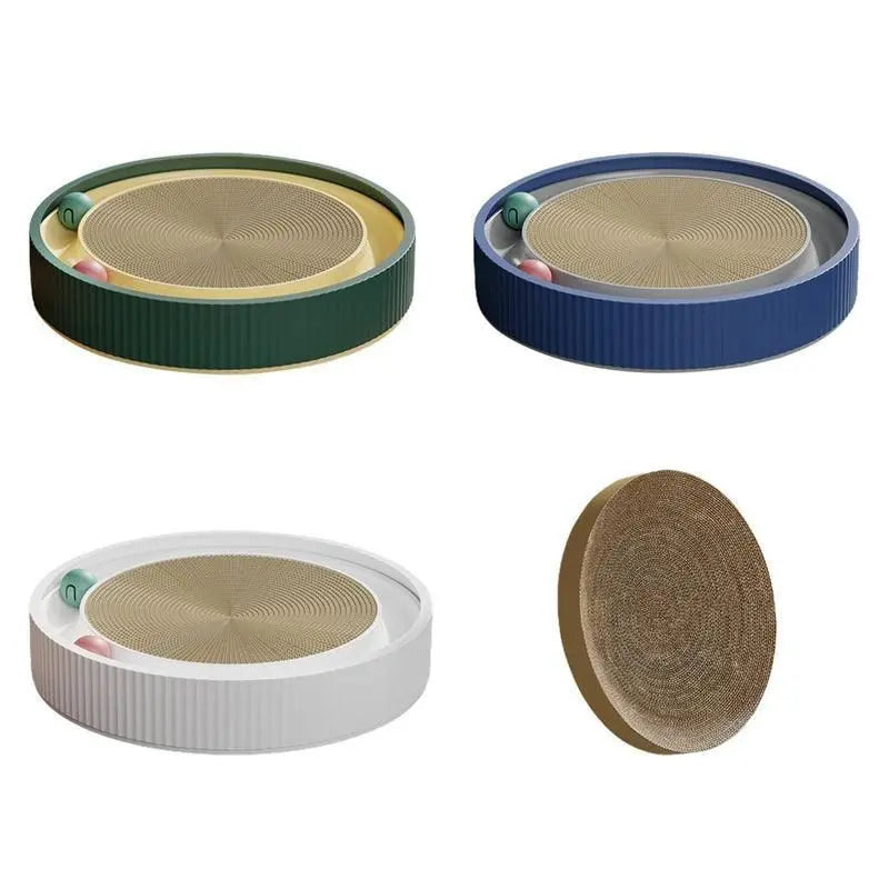 Cat Scratcher Lounge Bed Toy 40cm Round Foldable Cardboard Pad with Ball Track - White Wholesale Hub