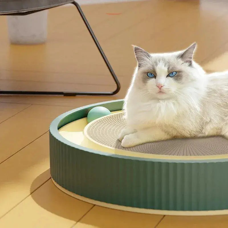 Cat Scratcher Lounge Bed Toy 40cm Round Foldable Cardboard Pad with Ball Track - White Wholesale Hub