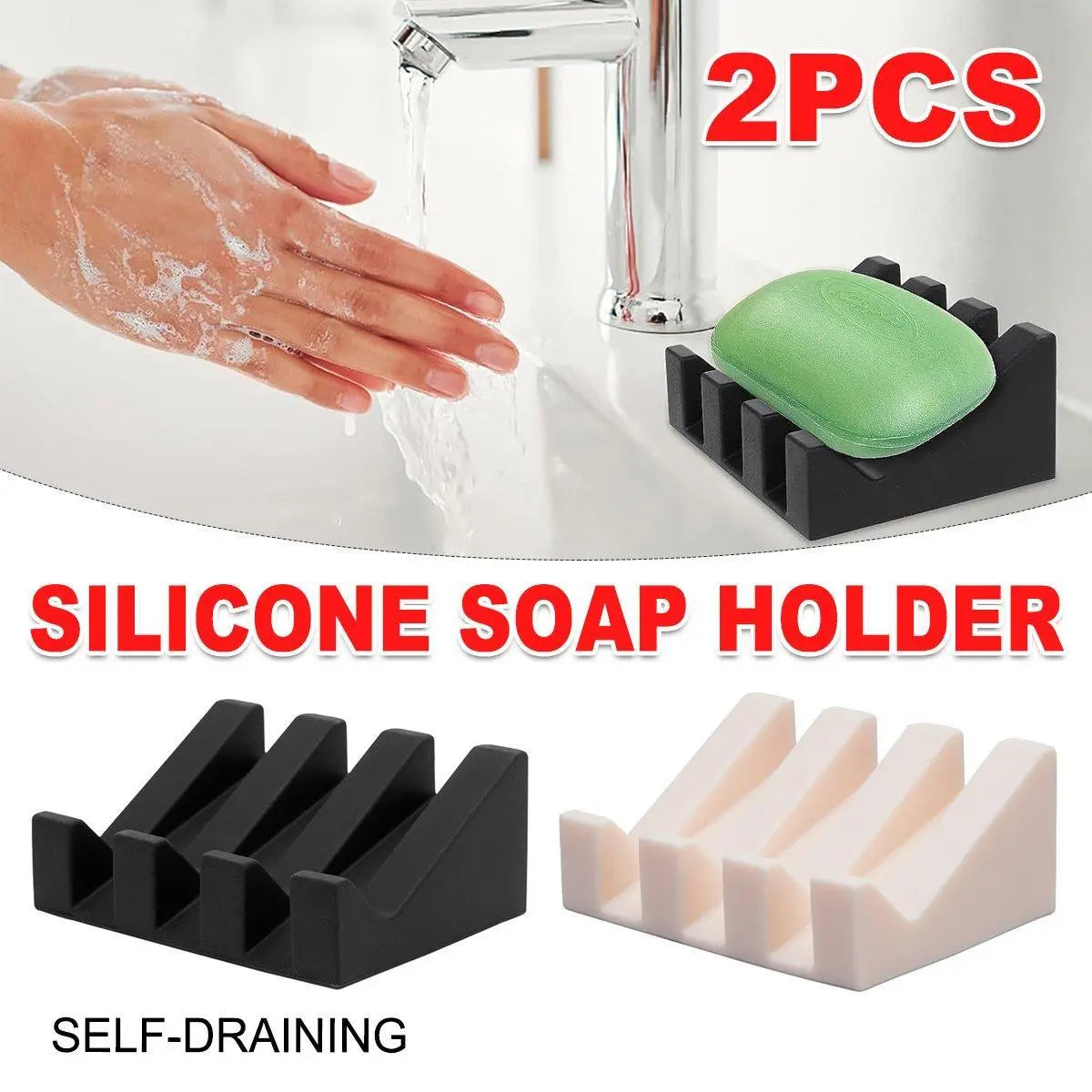 2PCS Silicone Soap Dish Holder Set Non-Slip Draining Soap Box Washable Pad Tray - White Wholesale Hub
