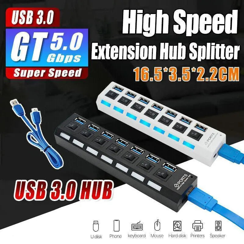 7 Port Usb 3.0 High Speed Extension Hub Splitter Extender For Pc Laptop Macbook - White Wholesale Hub
