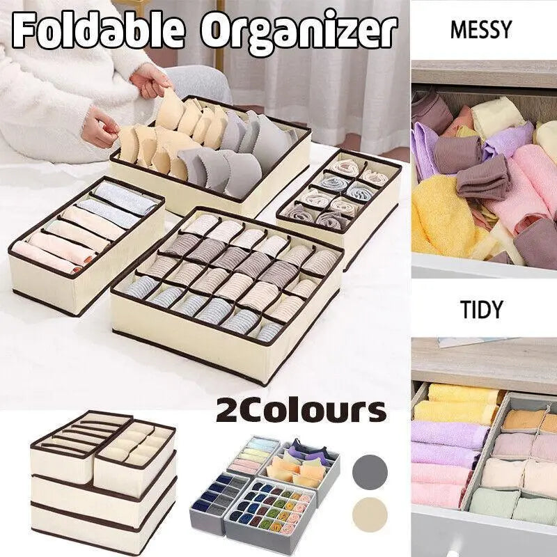Drawer Organizer Set Foldable Storage Box Divider for Bra Underwear Closet 4pcs - Grey Wholesale Hub